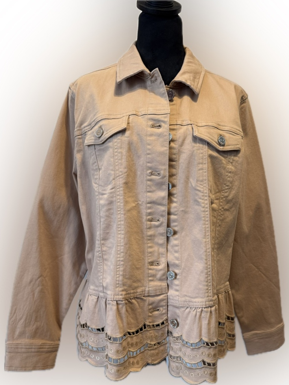 Susan Graver Jeans Size Large Tan Peplum Denim Jacket with Eyelet Hem